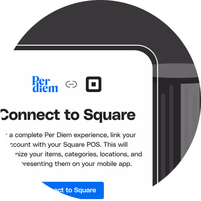 Partial screenshot of a webpage showing a Connect to Square section with Per Diem and Square logos and a blue connect button.