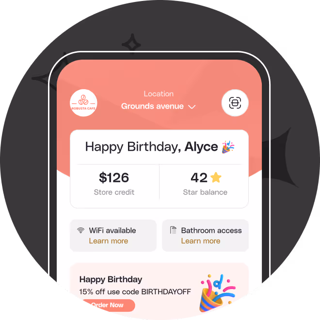 Mobile app screen showing Grounds avenue location with store credit $126, star balance 42, WiFi and bathroom access options, and a birthday greeting with a discount code.