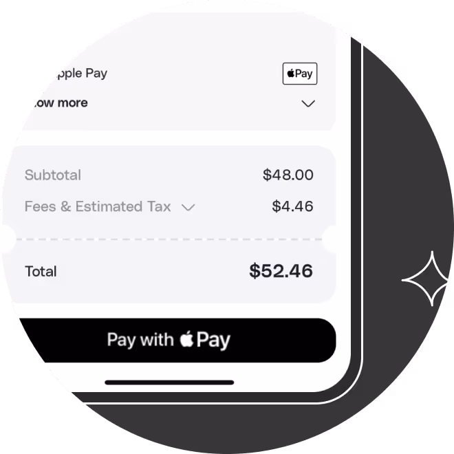 Checkout summary showing subtotal $48.00, fees and estimated tax $4.46, total $52.46, and a black button to pay with Apple Pay.