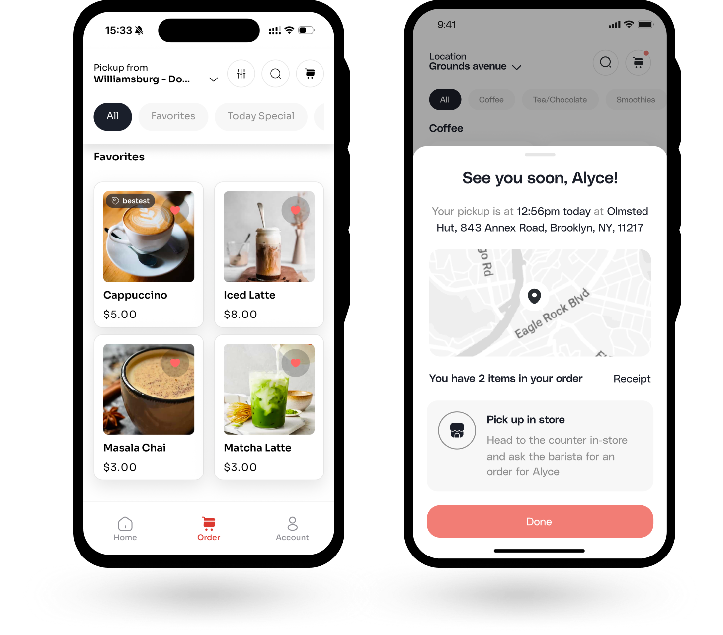 Mobile app screens showing a coffee order menu with categories and items, and a confirmation screen with pickup details and a map.