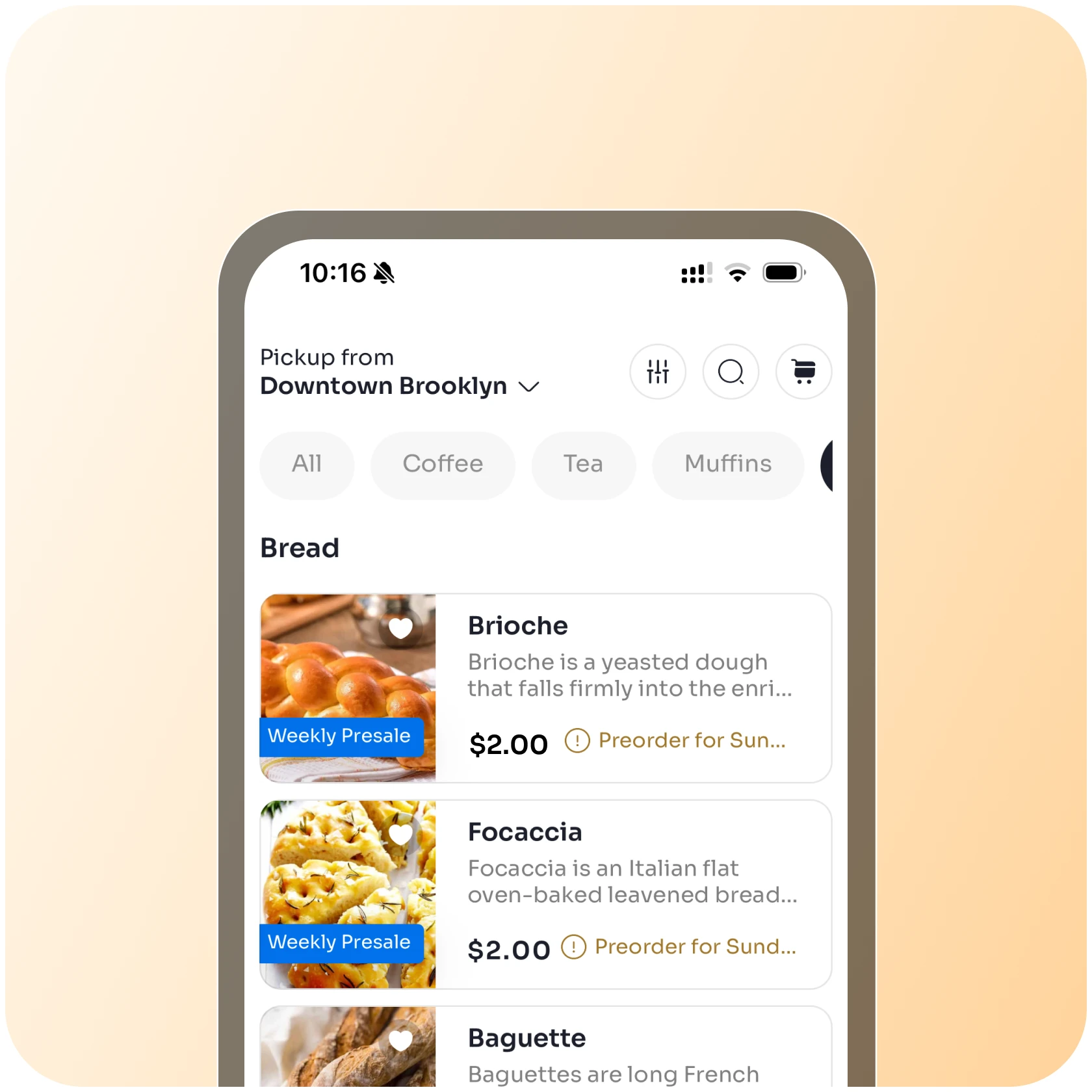Mobile app screen showing bread options for pickup in Downtown Brooklyn.