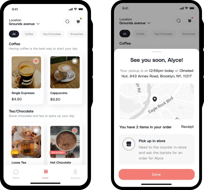 Mobile app screens showing a coffee order menu with categories and items, and a confirmation screen with pickup details and a map.