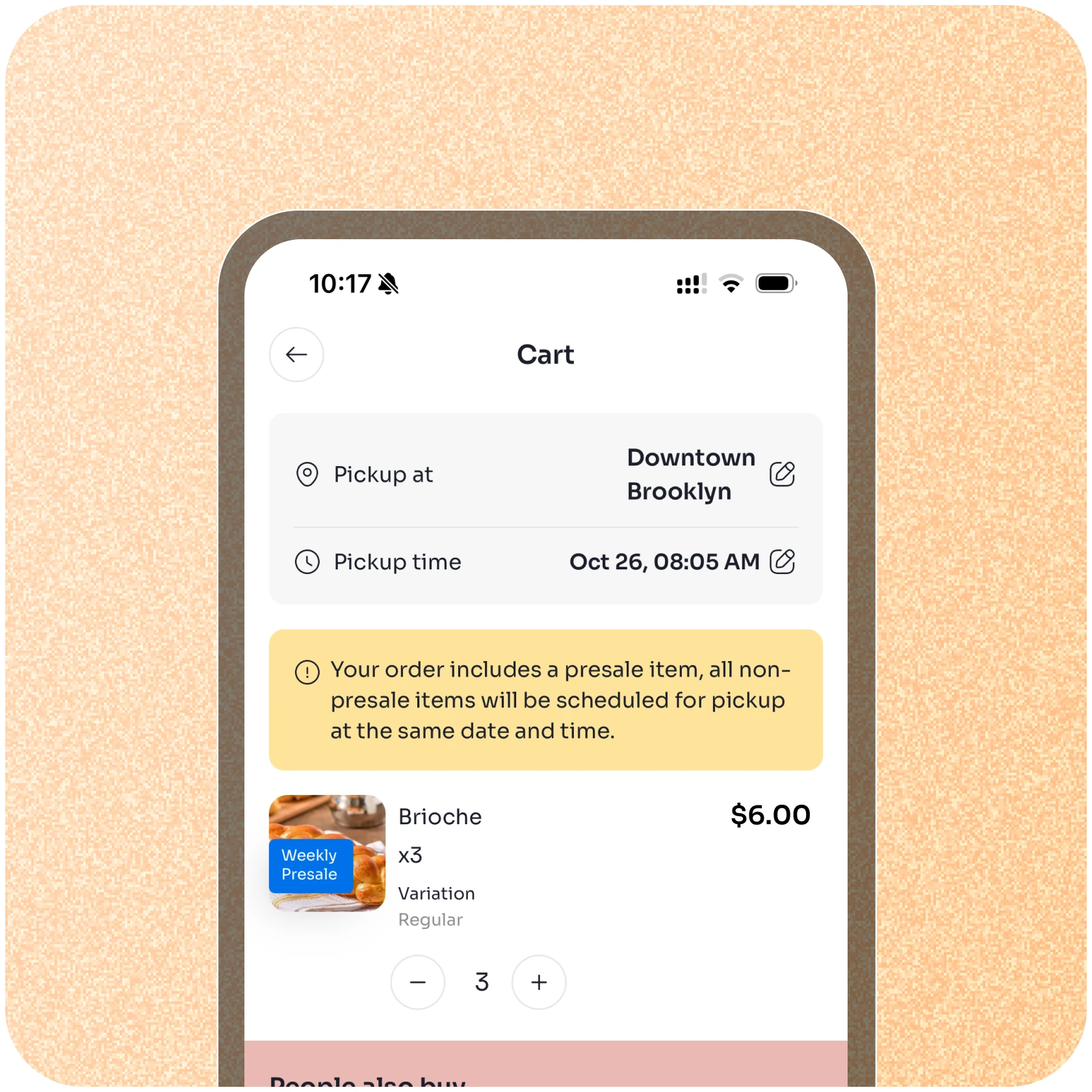 Mobile app cart screen showing pickup location Downtown Brooklyn and time Oct 26 for weekly presale.